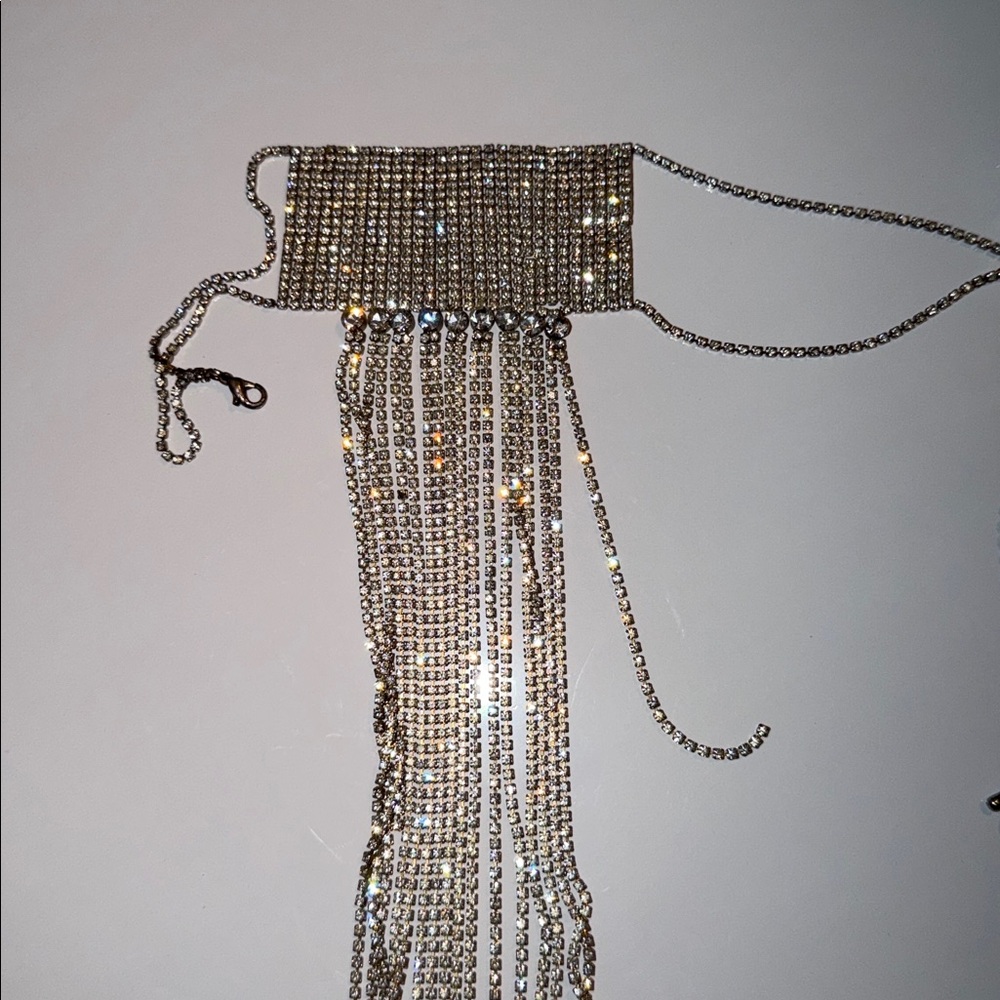 Silver Chain Fringe Necklace Chocker with Multiple Chains and Rhinestones. 23” - Picture 3 of 10